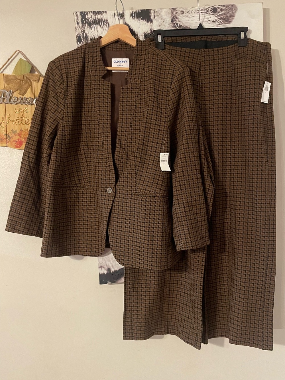 New Old Navy Brown houndstooth plaid Blazer pant Suit outfit XL wide leg High